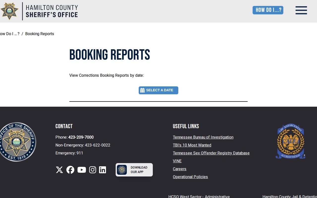 Hamilton County Booking Reports official date-selection interface